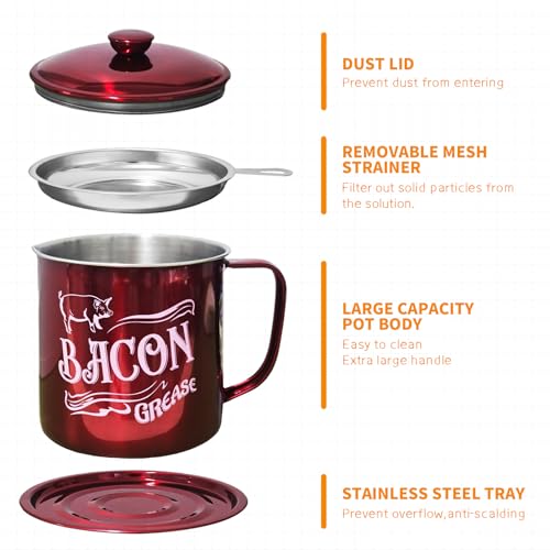 QMET 1.3L Bacon Grease Saver Container with Fine Mesh Strainer,Stainless Steel Oil Keeper Can for Bacon,46oz Large Rustic Farmhouse Fat Container, Keeper, Recipes, Dishwasher Safe (Red) - Image 4