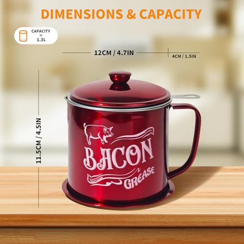 QMET 1.3L Bacon Grease Saver Container with Fine Mesh Strainer,Stainless Steel Oil Keeper Can for Bacon,46oz Large Rustic Farmhouse Fat Container, Keeper, Recipes, Dishwasher Safe (Red) - Image 2
