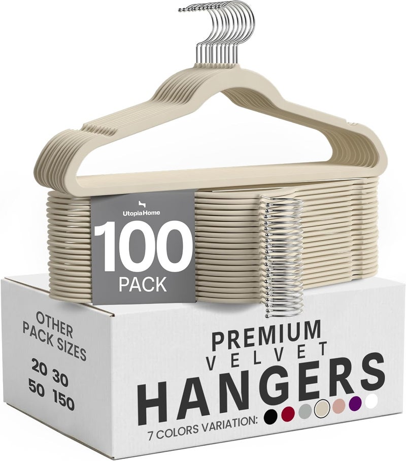 Utopia Home Premium Velvet Hangers 100 Pack - Non-Slip & Durable Clothes Hangers - Ivory Hangers with 360 Degree Rotatable Hook - Heavy Duty Coat Hangers | Luxury Non-Slip Slim Pant & Coat Hangers, Strong Space-Saving Clothes Hangers with Pants Bar and 360° Swivel Hook - Image 1