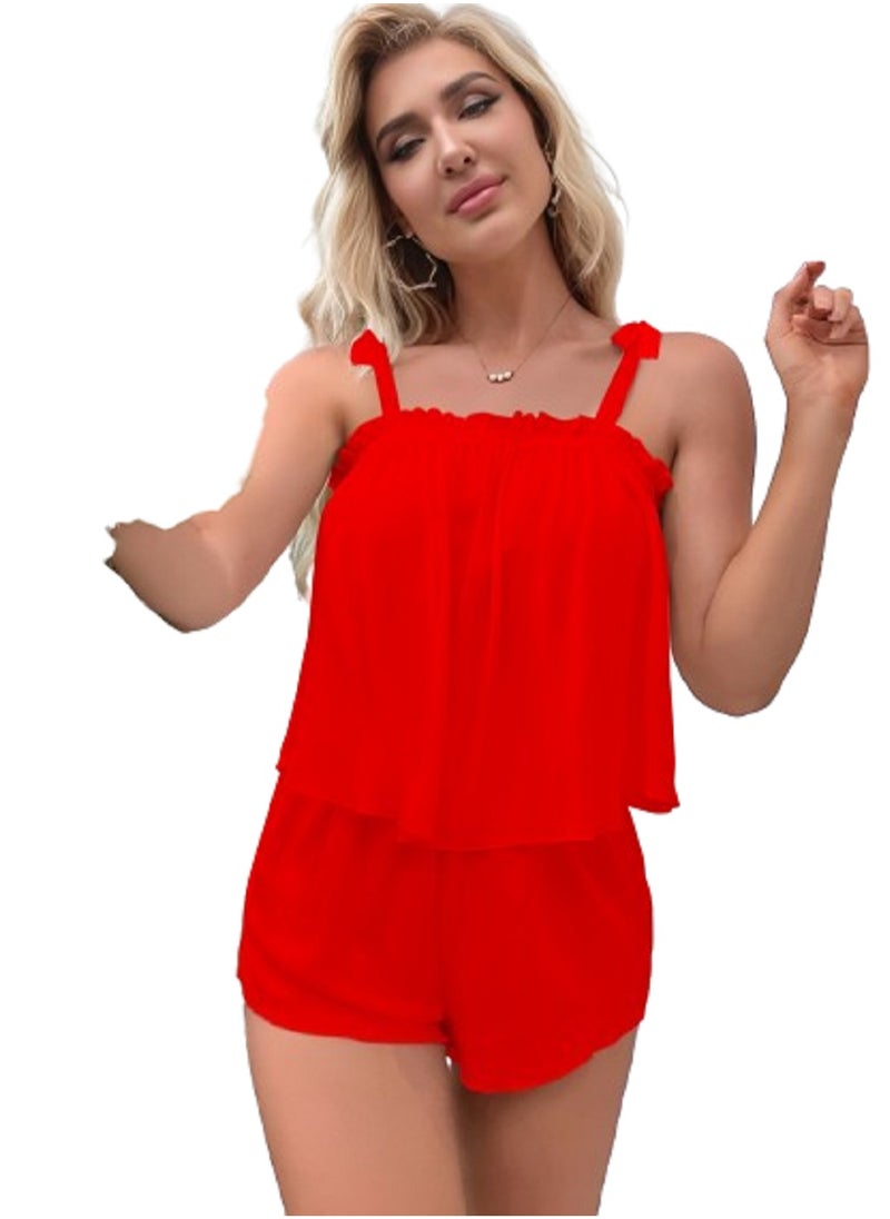 Ward MANIKAN soft pajama set for women with thin straps, ruffles at the chest, and hot shorts  - Image 1