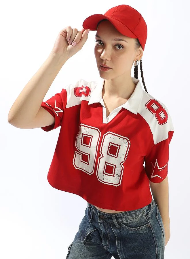 هوبرهولمي تيشيرت بولو نسائي قطن 1% مطبوع بقصة بوكسي باللون الأحمر