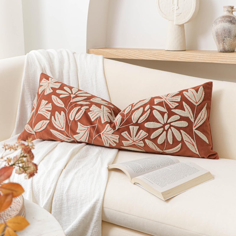 BlissBlush Fall Throw Pillow Cover 14x36 Long Lumbar Throw Pillow for Bed Rust Brick Red Soft Velvet Accent Farmhouse Body Lumbar Throw Pillowcase for Bedroom Sofa Couch Home Dcor