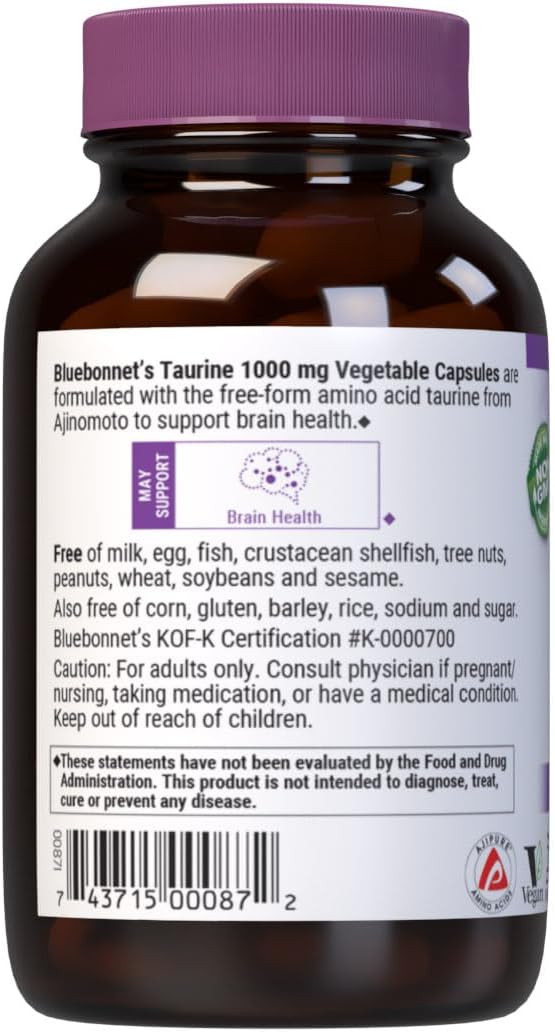 Bluebonnet Nutrition Taurine 1000 mg Nervous System Health NonGMO Vegan Kosher Certified GlutenFree SoyFree 50 Vegetable Capsules 50 Servings - Image 3