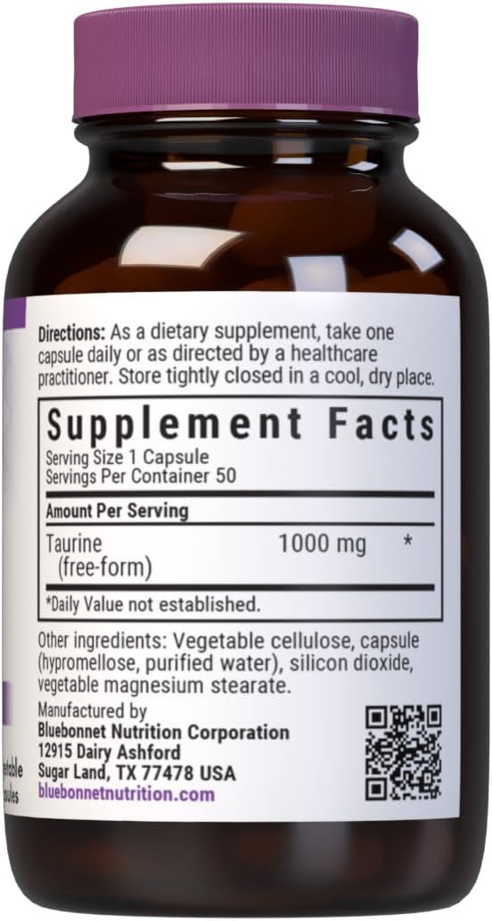 Bluebonnet Nutrition Taurine 1000 mg Nervous System Health NonGMO Vegan Kosher Certified GlutenFree SoyFree 50 Vegetable Capsules 50 Servings - Image 2