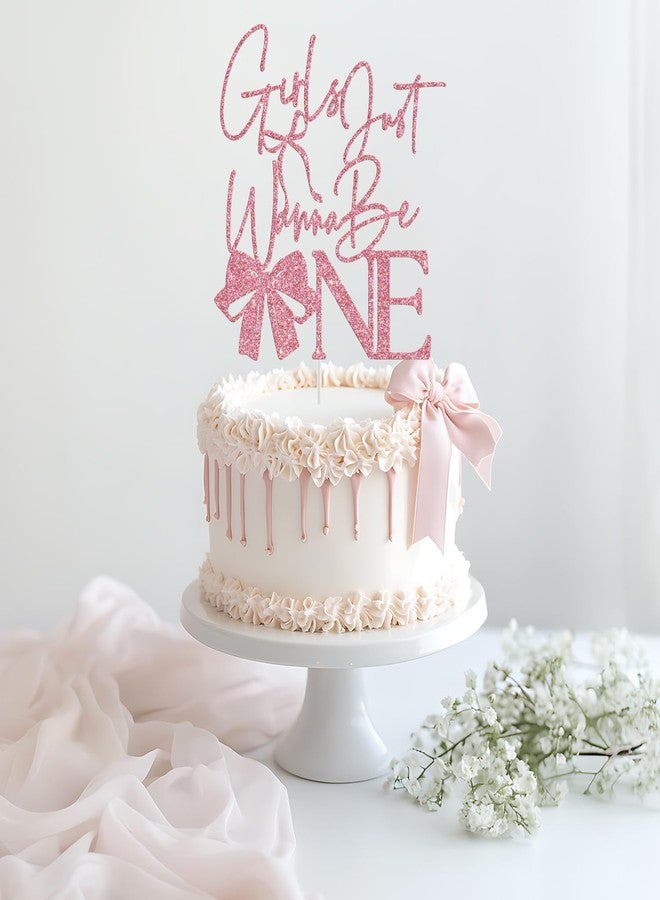 Yotawebery Girls Just Wanna Be One Cake Topper, Pink Bow First Birthday Cake Topper, Sweet One, Bow Girl's 1st Birthday Party Decorations Glitter - Image 4