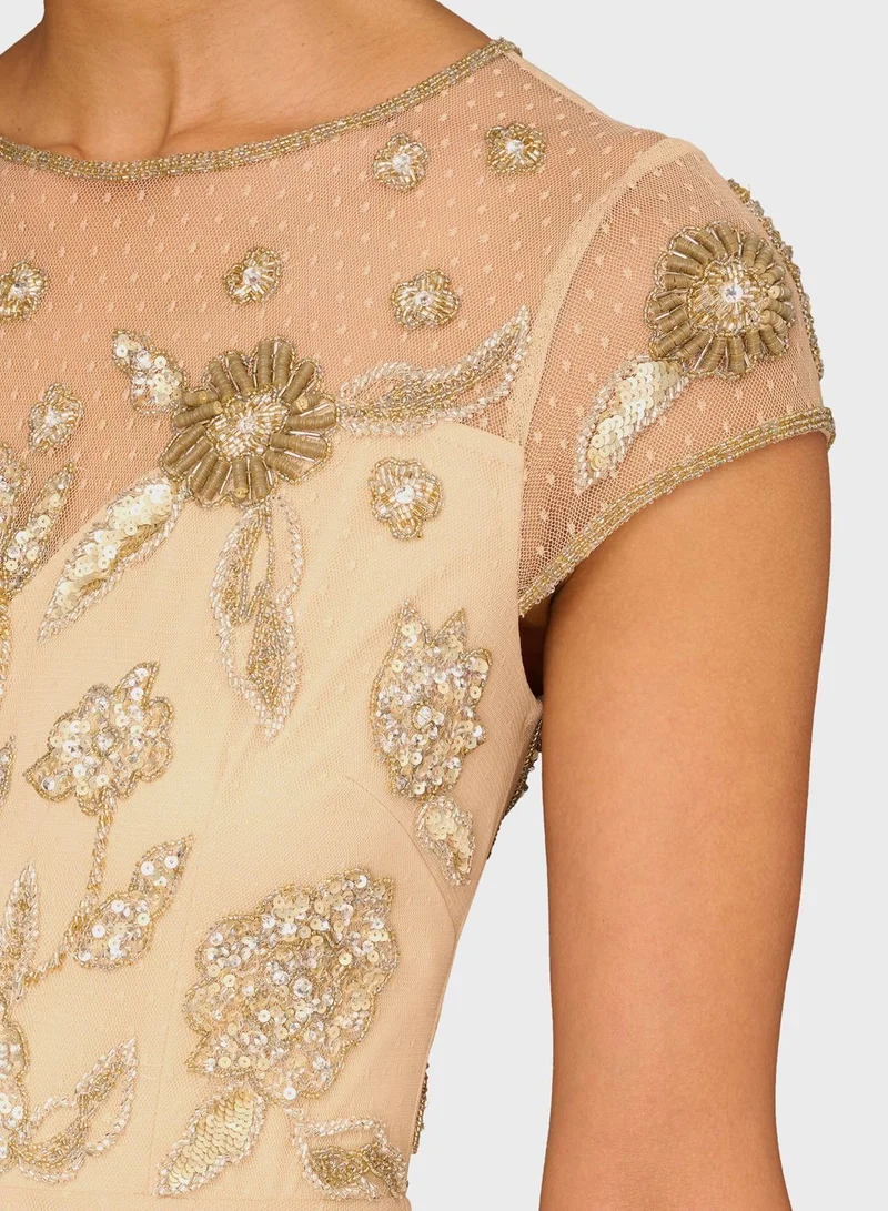 AIDAN MATTOX Embroidered Mesh Flared Dress for Women | Best Price Oman
