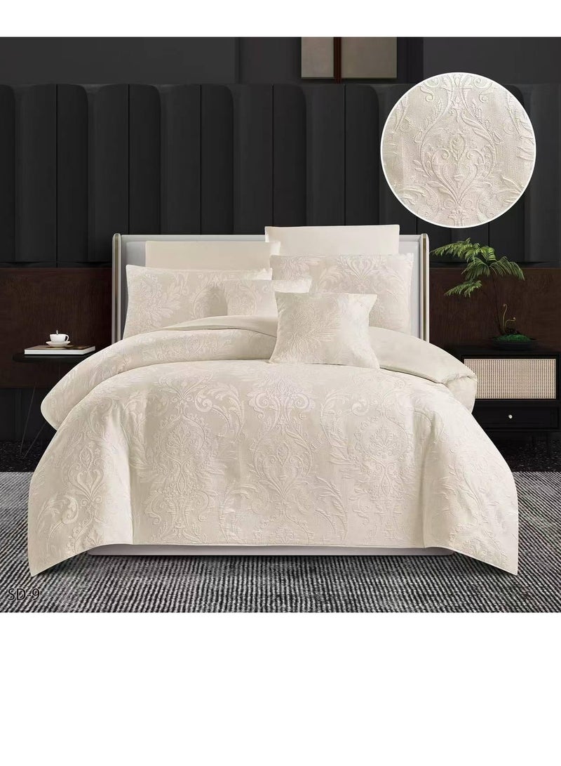 بيج طقم لحاف مطرز، مقاس كينج، مكون من 6 قطع - قماش قطني جاكار - تصميم أنيق - قابل للتهوية ومضاد للحساسية - 220×240 سم