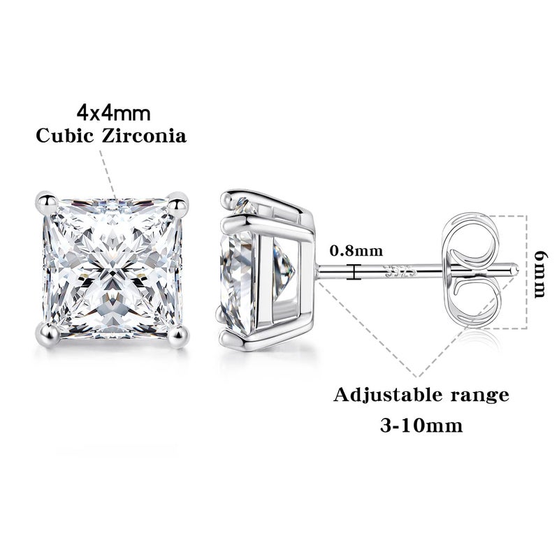 MDFUN Princess Cut Cubic Zirconia 925 Sterling Silver Post Stud Earrings for Women Men - Image 2