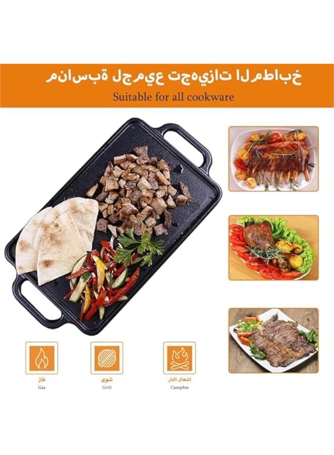 تراسل صينية شواء مستطيلة سميكة من الحديد الزهر، صينية شواء بوجهين، صينية خبز مزدوجة الجوانب، موقد شواء على نار المخيم، شواية صخرة سوداء محمولة للاستخدام الداخلي والخارجي والنزهات والحفلات والتخييم  - Image 4