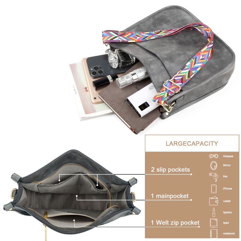 HKCLUF Crossbody Bags for Women Trendy Vegan Leather Hobo Handbags With 2 Adjustable Guitar Strap Crossbody Shoulder Bucket Purse for Women(Gray) - Image 2