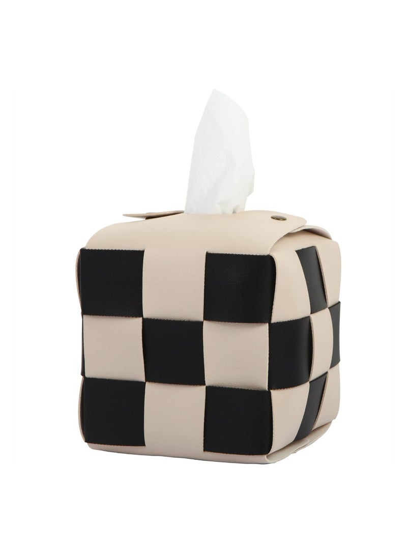 Stylish PU Leather Tissue Box Holder for Living Room and Bathroom Chic Checkerboard Design Square Beige Decor - Image 1