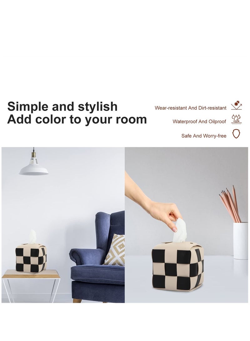 Stylish PU Leather Tissue Box Holder for Living Room and Bathroom Chic Checkerboard Design Square Beige Decor - Image 4