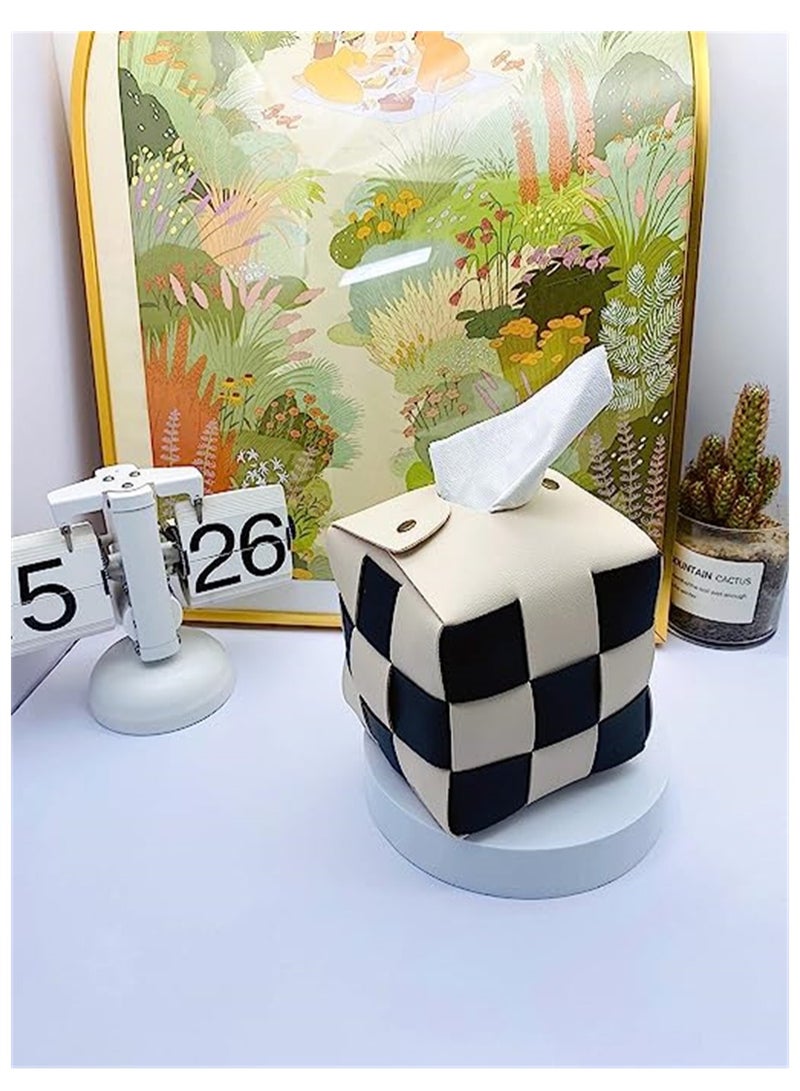 Stylish PU Leather Tissue Box Holder for Living Room and Bathroom Chic Checkerboard Design Square Beige Decor - Image 3