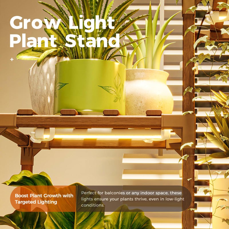 Bamworld Plant Stand with Grow Light Tall Plant Shelf for Mutiple Pots Large Wood Plant Holder Rack for Patio Living Room Balcony Warm Light - Image 3