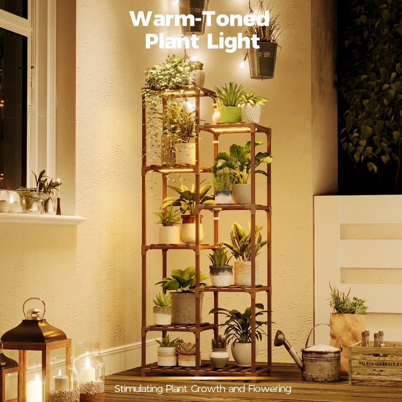 Bamworld Plant Stand with Grow Light Tall Plant Shelf for Mutiple Pots Large Wood Plant Holder Rack for Patio Living Room Balcony Warm Light - Image 2