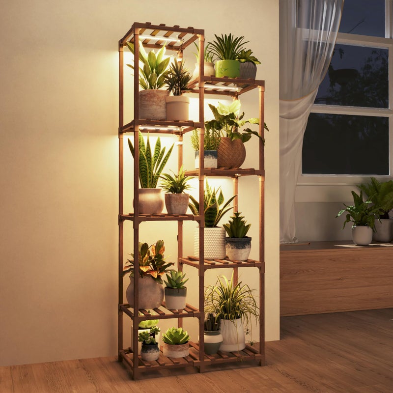 Bamworld Plant Stand with Grow Light Tall Plant Shelf for Mutiple Pots Large Wood Plant Holder Rack for Patio Living Room Balcony Warm Light - Image 1