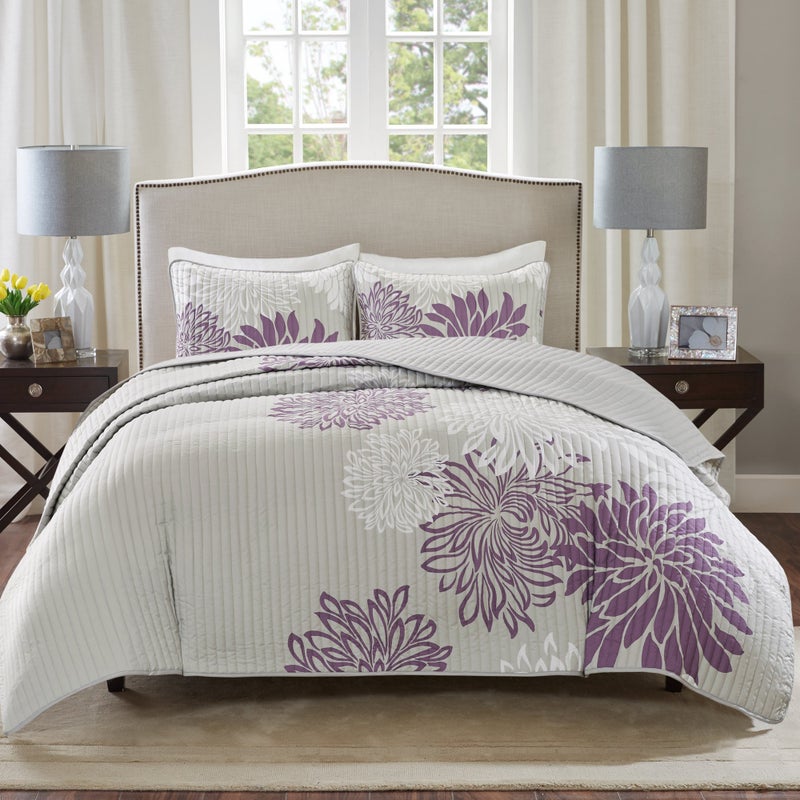Comfort Spaces Comfort Spaces CS140066 Enya 3 Piece Quilt Coverlet Bedspread Ultra Soft Floral Printed Pattern Bedding Set King PurpleGrey 