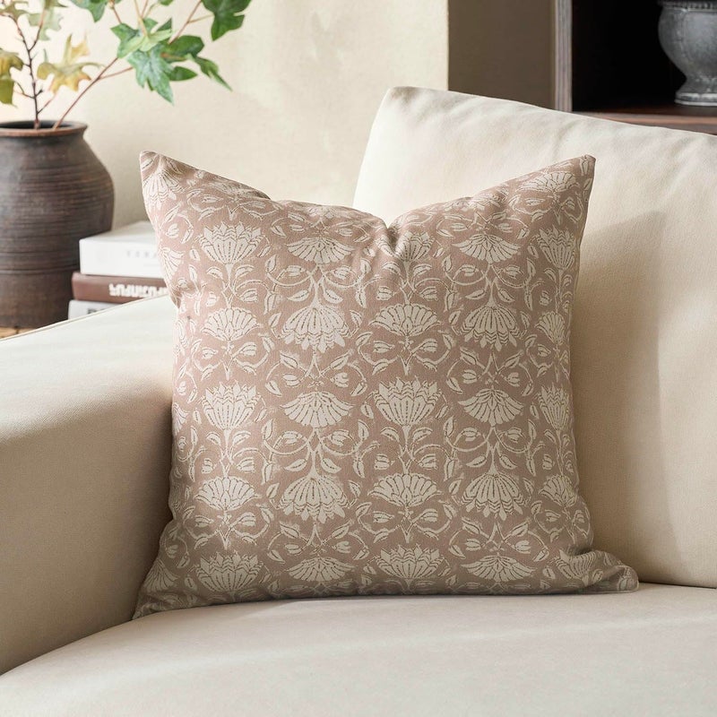 DOMVITUS Floral Pillow Covers 20x20 Decorative Throw Pillow Covers Floral Block Print Farmhouse Vintage Neutral Pillow Cover for Living Room Couch Bed Light Camel 1PC - Image 1