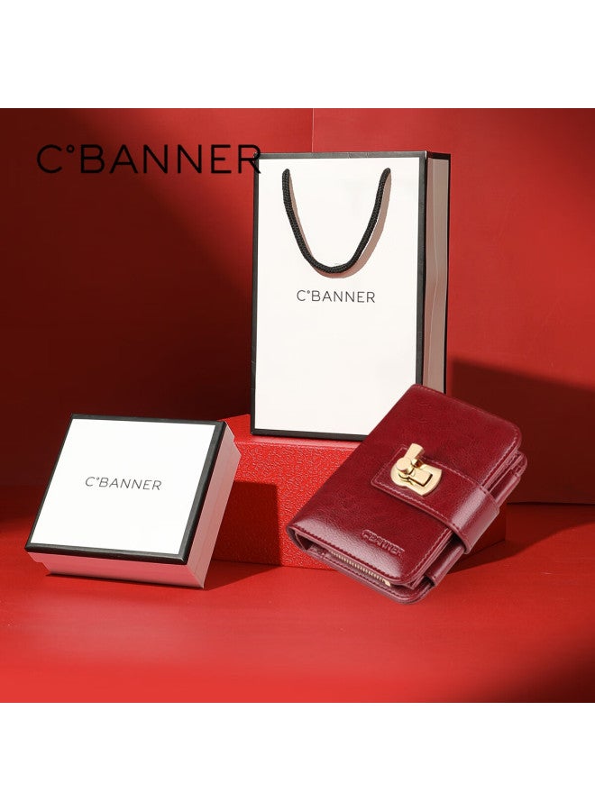 C.banner Genuine Leather Women's Short Wallet And Card Holder Two-in Vertical Tri-fold Purse Birthday New Year Gift For Girlfriend