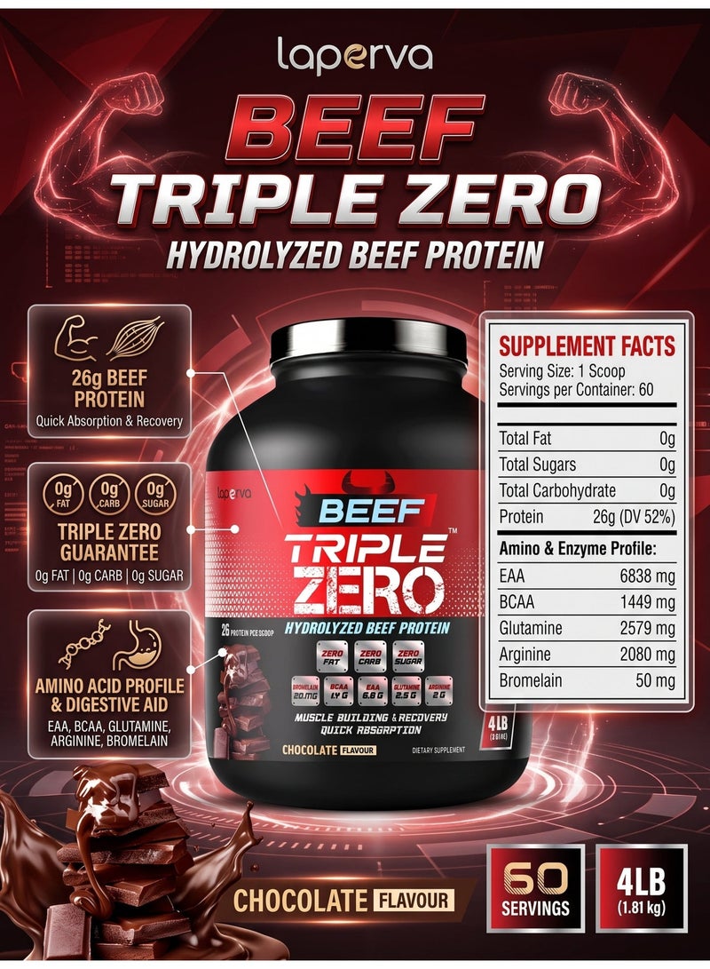 Laperva Beef Triple Zero Hydrolyzed Protein Powder ZERO CARB, SUGAR & FAT - 86% Protein - With BCAA & Glutamine Chocolate  Flavour 4 lb - Image 5