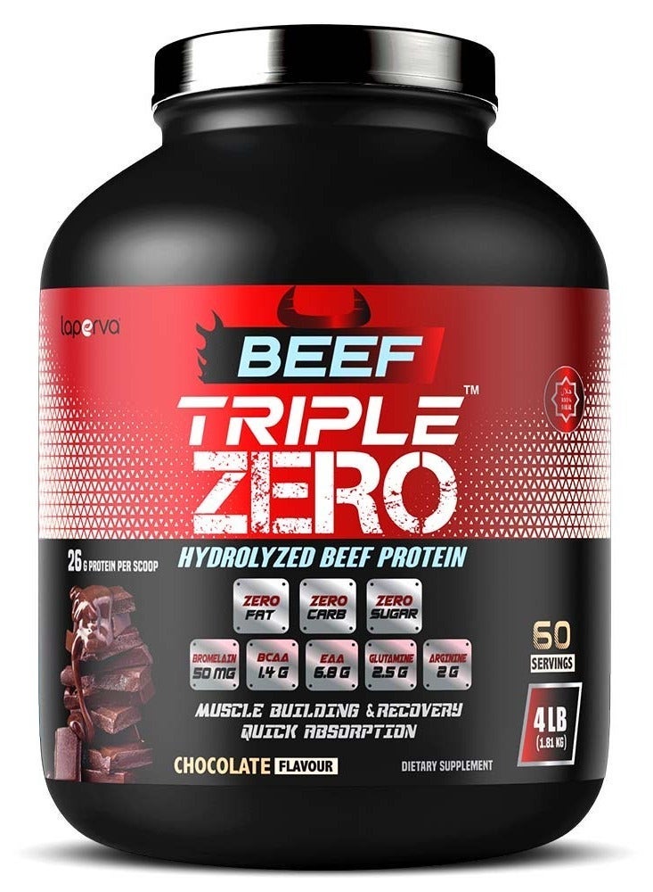 Laperva Beef Triple Zero Hydrolyzed Protein Powder ZERO CARB, SUGAR & FAT - 86% Protein - With BCAA & Glutamine Chocolate  Flavour 4 lb - Image 1