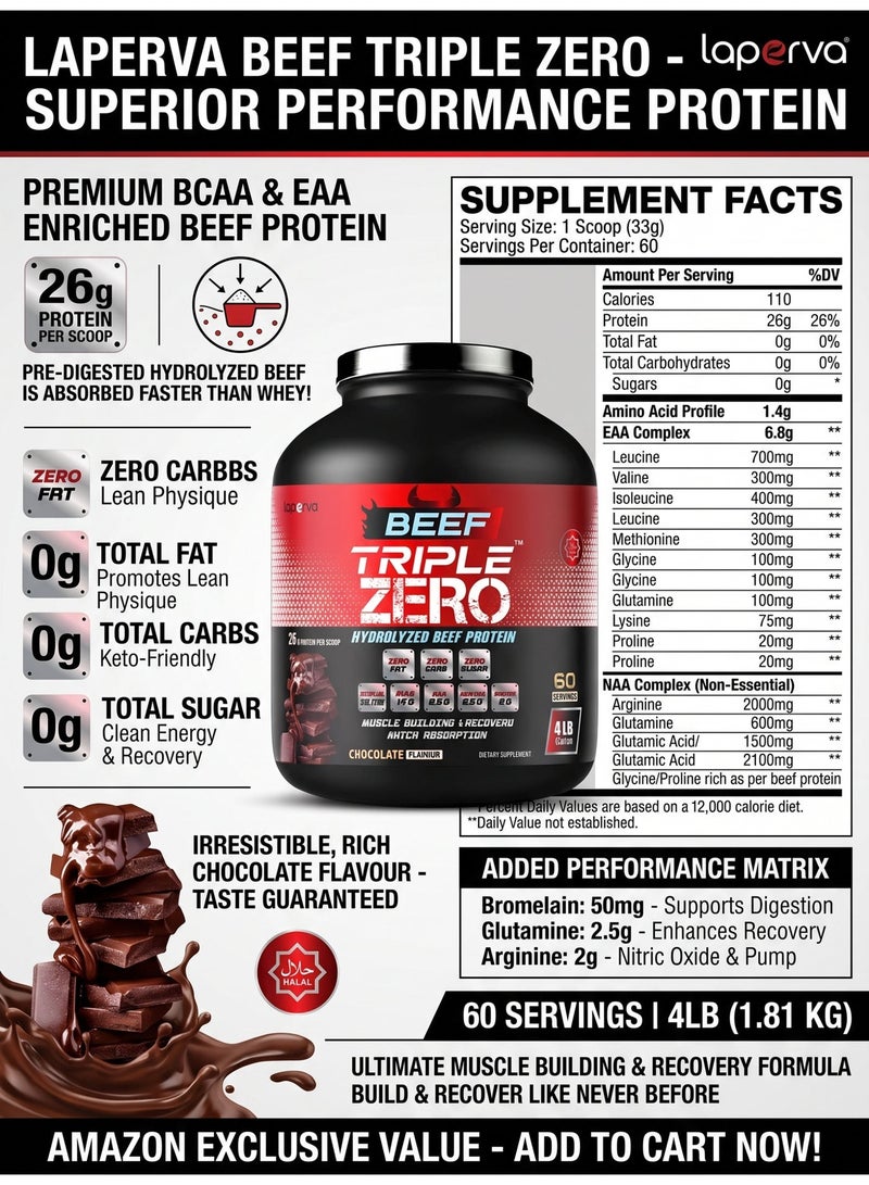 Laperva Beef Triple Zero Hydrolyzed Protein Powder ZERO CARB, SUGAR & FAT - 86% Protein - With BCAA & Glutamine Chocolate  Flavour 4 lb - Image 4