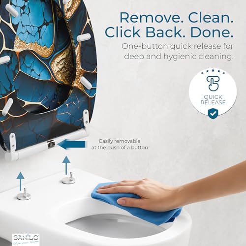 Sanilo Wooden Toilet Seat with Quick Release & Soft Close [ELONGATED] - Decorative & Slow Close Molded Wood Seat - With One Click for Easy Installation & Cleaning - With Adjustable Fit (Marble Cobalt) - Image 3