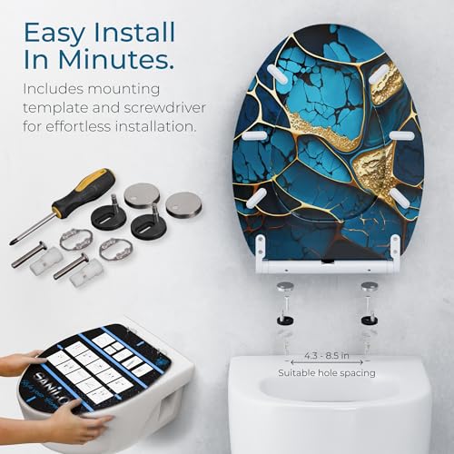 Sanilo Wooden Toilet Seat with Quick Release & Soft Close [ELONGATED] - Decorative & Slow Close Molded Wood Seat - With One Click for Easy Installation & Cleaning - With Adjustable Fit (Marble Cobalt) - Image 5