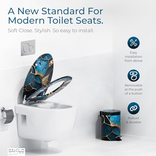 Sanilo Wooden Toilet Seat with Quick Release & Soft Close [ELONGATED] - Decorative & Slow Close Molded Wood Seat - With One Click for Easy Installation & Cleaning - With Adjustable Fit (Marble Cobalt) - Image 2