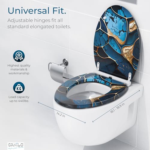 Sanilo Wooden Toilet Seat with Quick Release & Soft Close [ELONGATED] - Decorative & Slow Close Molded Wood Seat - With One Click for Easy Installation & Cleaning - With Adjustable Fit (Marble Cobalt) - Image 4