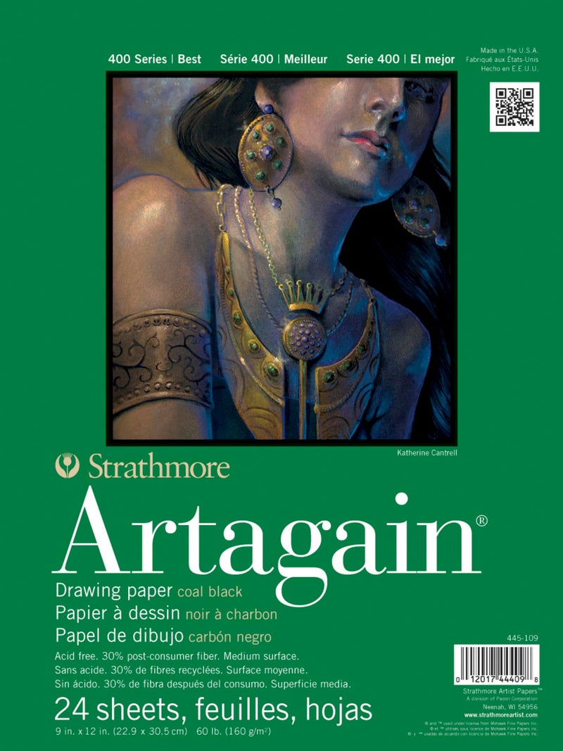 Strathmore 400 Series Artagain Pad, Coal Black Paper, Glue Bound, 9x12 inches, 24 Sheets - Artist Paper for for Adults and Students, Pastel & Charcoal