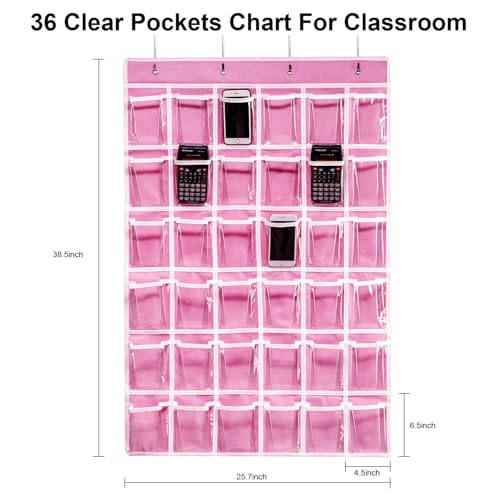 ANSTROUT 36 Clear Pockets Classroom Pocket Chart for Cell Phones, Pocket Chart Organizer for Calculator Holder with 36 Number Sticker Classroom Hanging Cell Phones Organizer (Pink) - Image 2