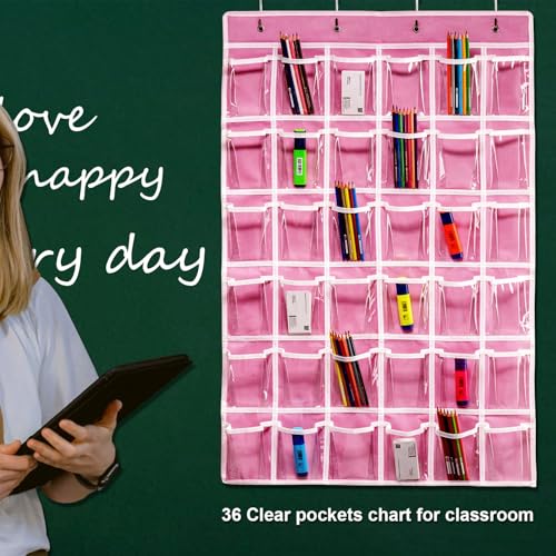 ANSTROUT 36 Clear Pockets Classroom Pocket Chart for Cell Phones, Pocket Chart Organizer for Calculator Holder with 36 Number Sticker Classroom Hanging Cell Phones Organizer (Pink) - Image 5