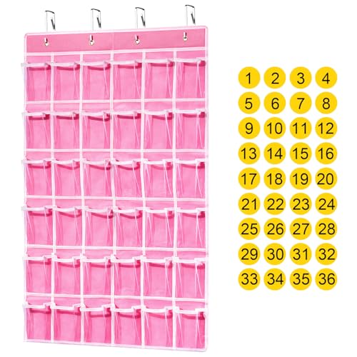 ANSTROUT 36 Clear Pockets Classroom Pocket Chart for Cell Phones, Pocket Chart Organizer for Calculator Holder with 36 Number Sticker Classroom Hanging Cell Phones Organizer (Pink) - Image 1