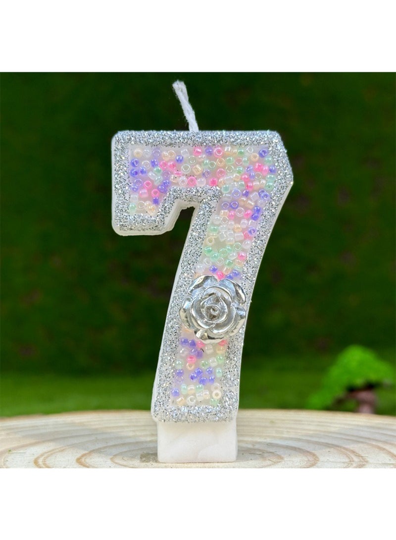 Number Birthday Candle, Silver Flower Number Cake Candles for Birthday, Weddings, Anniversaries, Theme Party Decorations 7cm (Number 7)