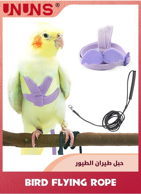 Bird Flying Rope,Pet Parrot Bird Harness And Leash,Adjustable Training Design Anti-Bite,Bird Nylon Rope With Cute Wing For Parrots,Suitable For Scarlet,Keck,Mini Macaw And Same Size Birds,Light Purple