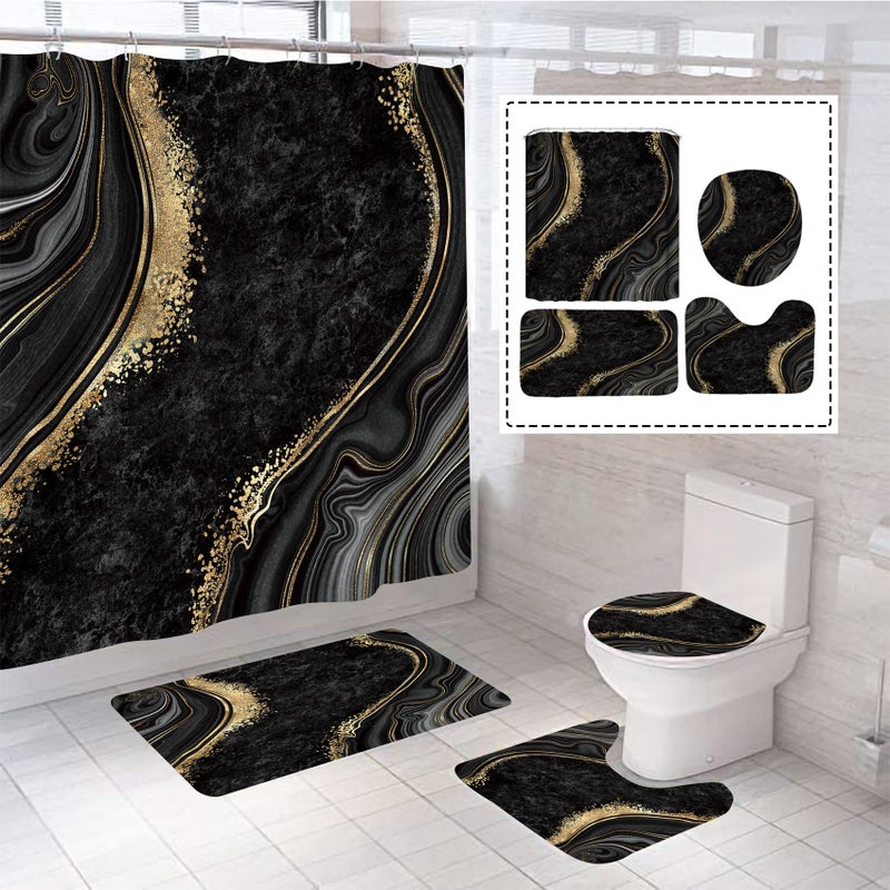 beifivcl 4Pcs Luxury Marble Shower Curtain Sets Bathroom Sets with Shower Curtain Toilet Lid Rug Bath Mat and Contour Mat Shower Curtain with 12 Hooks for Bathroom Set Decor 72 x 72 Inch Black