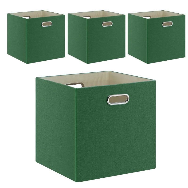 Fboxac Cube Storage Bins 1313 Linen Foldable Box with Handles Collapsible Organization Basket Set of 4 Large Capacity Drawer for Closet Shelf Cabinet Bookcase Bedroom Grass Green