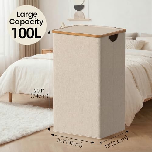 efluky 26 Gal Laundry Basket with Lid and Net Bag, Tall Laundry Hamper with Bamboo Handles, Aesthetic Dirty Clothes Bin for Laundry Room, Bathroom, Bedroom and Dorm, Oatmeal - Image 2