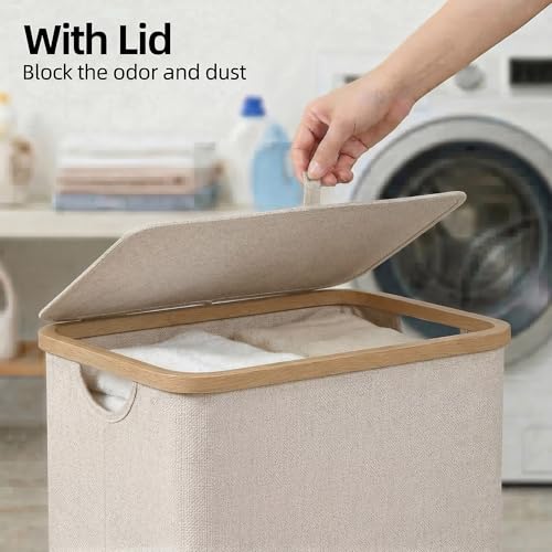 efluky 26 Gal Laundry Basket with Lid and Net Bag, Tall Laundry Hamper with Bamboo Handles, Aesthetic Dirty Clothes Bin for Laundry Room, Bathroom, Bedroom and Dorm, Oatmeal - Image 4