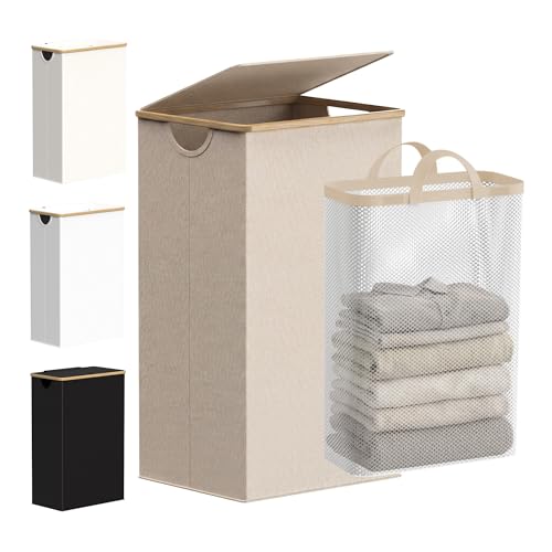 efluky 26 Gal Laundry Basket with Lid and Net Bag, Tall Laundry Hamper with Bamboo Handles, Aesthetic Dirty Clothes Bin for Laundry Room, Bathroom, Bedroom and Dorm, Oatmeal - Image 1