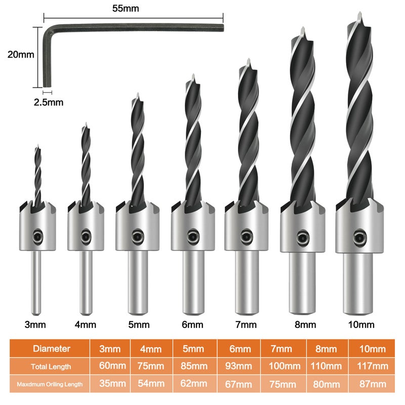 GMTOOLS Countersink Drill Bit Set, 7Pcs Tapered Drill Bits M2 HSS, with 1/4" Hex Shank Quick Change and Allen Wrench, Counter Sinker Set for Woodworking and Carpentry, Pilot Screw Hole Set - Image 3