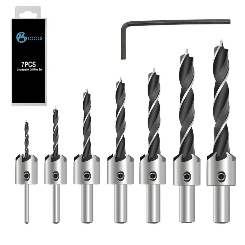 GMTOOLS Countersink Drill Bit Set, 7Pcs Tapered Drill Bits M2 HSS, with 1/4" Hex Shank Quick Change and Allen Wrench, Counter Sinker Set for Woodworking and Carpentry, Pilot Screw Hole Set - Image 1