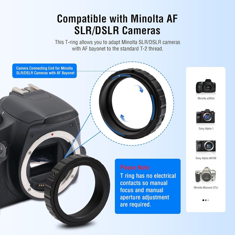 Astromania محول T بقطر 1.25 بوصة إلى M42 و مجموعة حلقة T2 متوافقة مع كاميرات Minolta SLR/DSLR مع بايونيت AF، ملحقات محول كاميرا DSLR المعدنية للتصوير الفلكي - Image 3