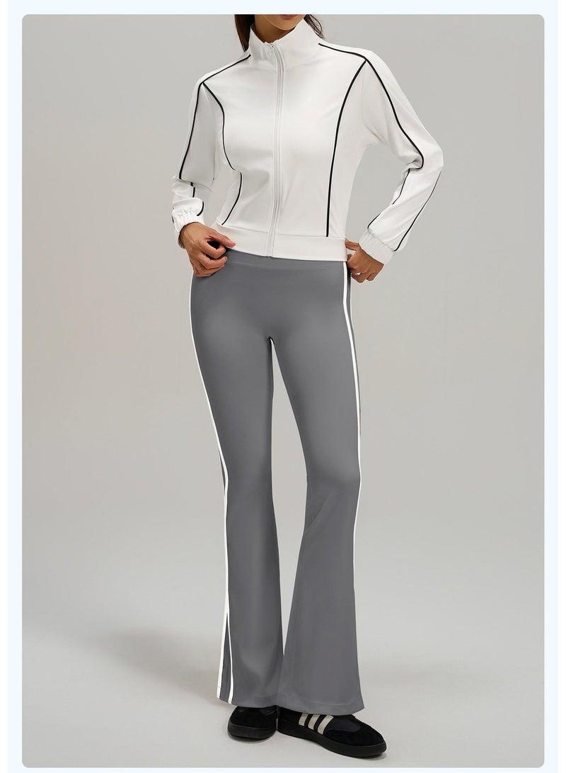 Women's 2-Piece Contrast Piping Tracksuit Set: Full-Zip Crop Stand-Collar Jacket with High-Waist Flare Leggings Yoga Gym Activewear Suit - Image 2