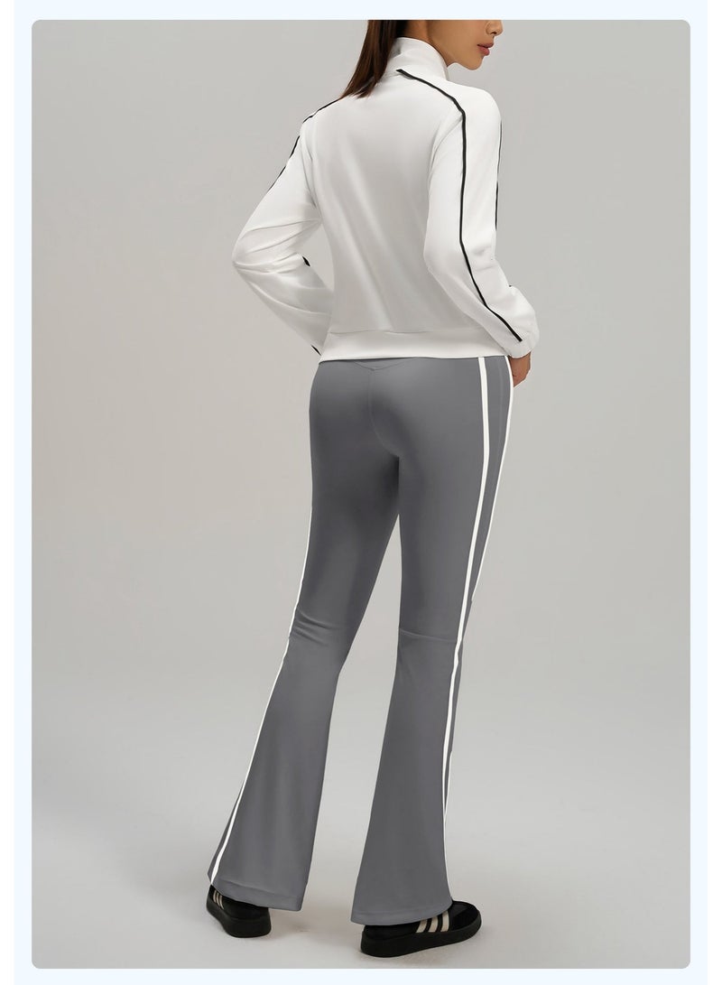 Women's 2-Piece Contrast Piping Tracksuit Set: Full-Zip Crop Stand-Collar Jacket with High-Waist Flare Leggings Yoga Gym Activewear Suit - Image 3