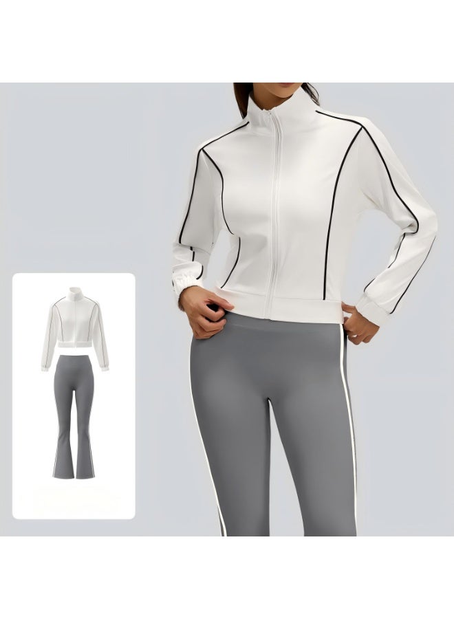 Women's 2-Piece Contrast Piping Tracksuit Set: Full-Zip Crop Stand-Collar Jacket with High-Waist Flare Leggings Yoga Gym Activewear Suit - Image 1