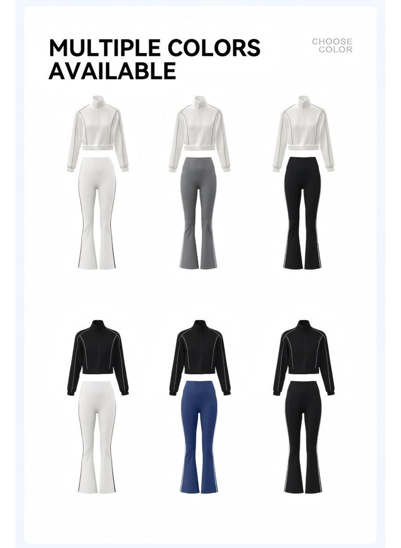 Women's 2-Piece Contrast Piping Tracksuit Set: Full-Zip Crop Stand-Collar Jacket with High-Waist Flare Leggings Yoga Gym Activewear Suit - Image 4