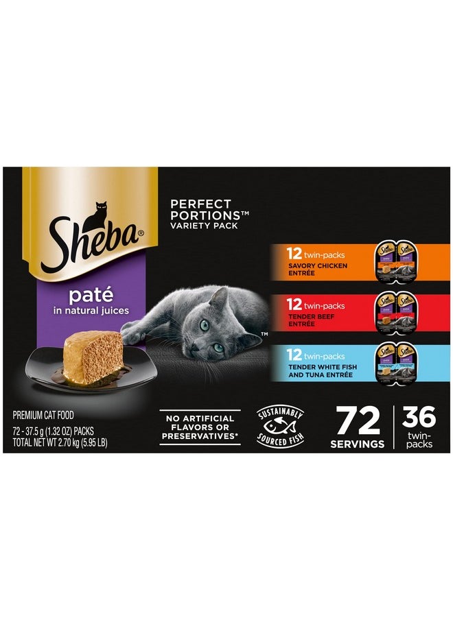 Sheba Perfect Portions Paté Wet Cat Food Trays (36 Count, 72 Servings), Savory Chicken, Tender Beef, Tender Whitefish & Tuna Entrée, Easy Peel TwinPack Trays  - Image 1