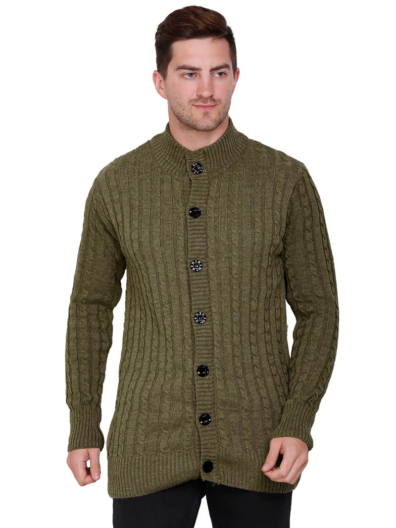 Matelco Mens Woollen Buttoned Banded Collar Sweater Full Sleeves for Winters (L, Olive Green) - Image 1
